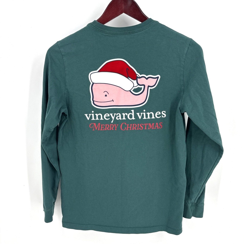 Vineyard Vines Green Santa Christmas Whale Long Sleeve Cotton T-shirt Boys L 16